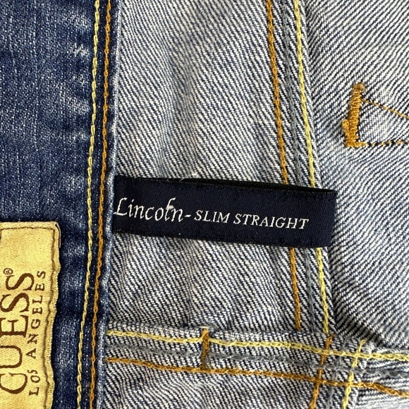 Guess Lincoln Slim Straight Blue Jeans Distressed Los Angeles 1981 Mens 34x32 - Picture 5 of 12